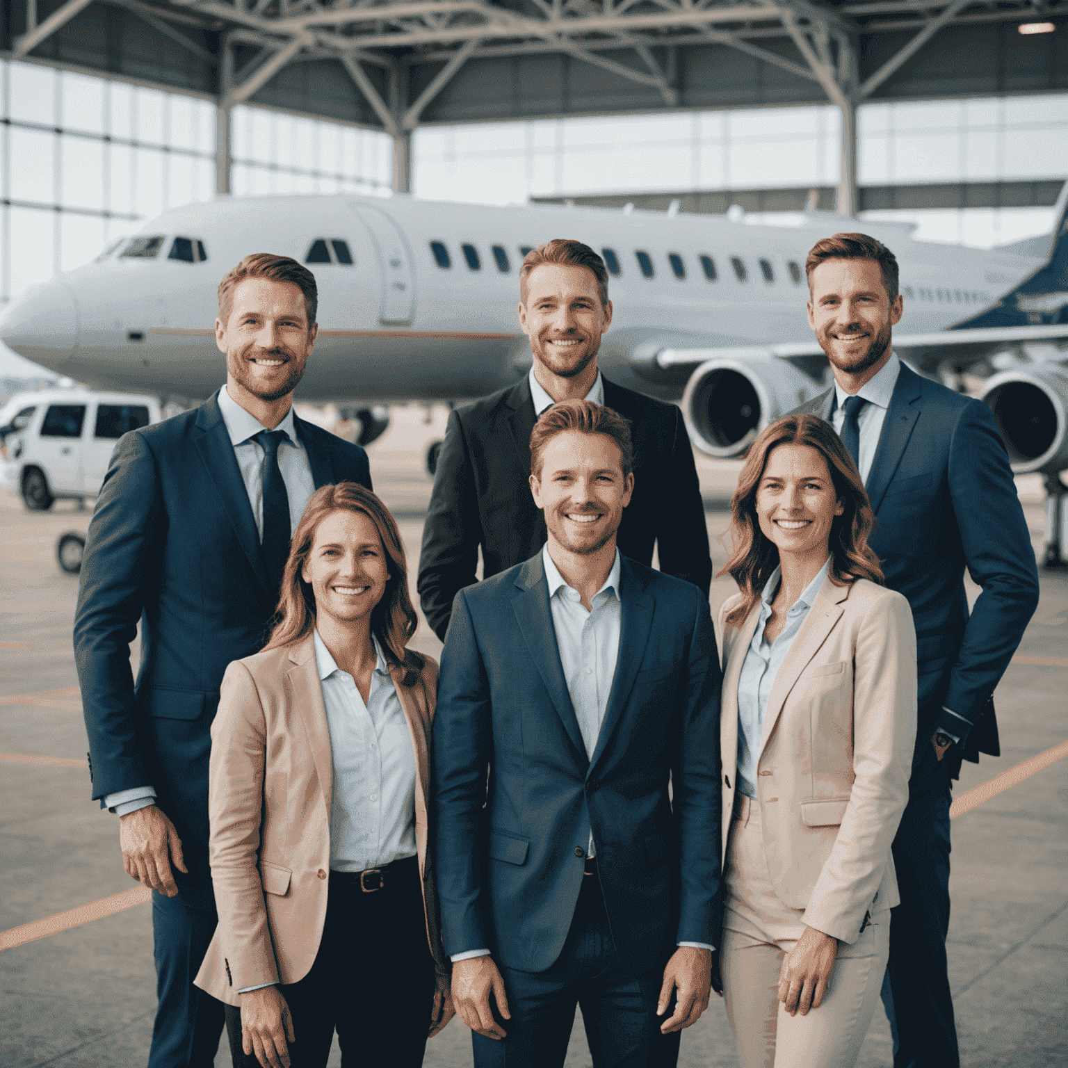 The ZenPixel team standing in front of an airplane, smiling and ready to help travelers find their perfect flights. The team is diverse, wearing casual business attire, and the background shows a modern airport terminal.