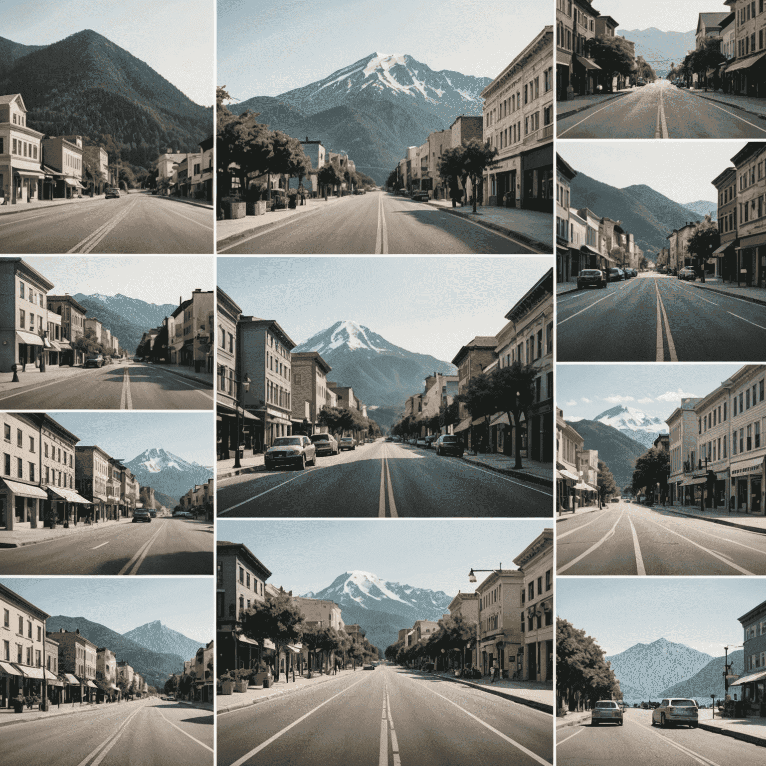 A collage of off-season travel destinations, showing empty beaches, quiet city streets, and serene mountain landscapes. The images have a slightly desaturated look to maintain a minimalist feel.