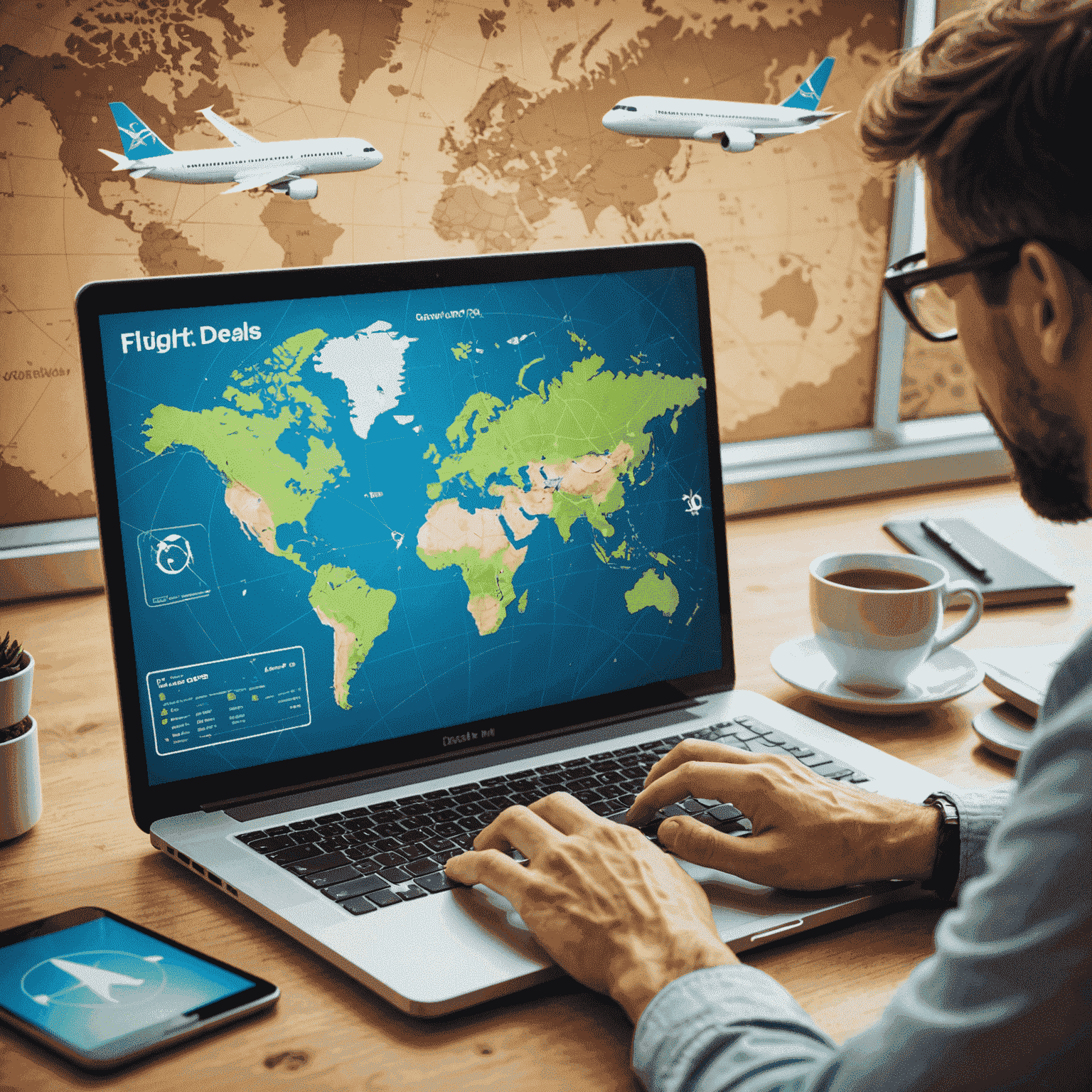 A person using a laptop to search for flight deals, with a world map and airplane icons in the background