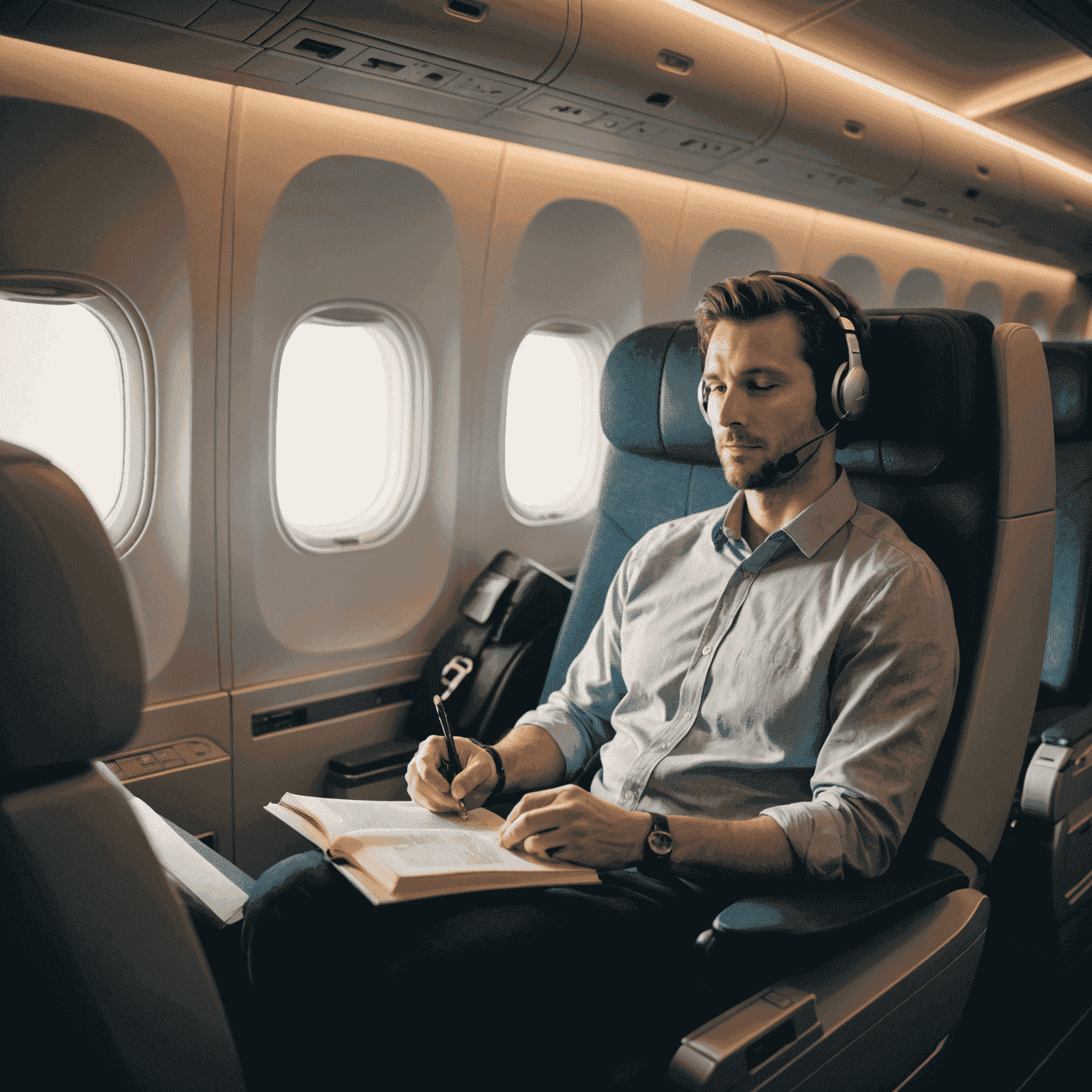 A comfortable airplane cabin interior with spacious seats, soft lighting, and a passenger relaxing with a book and noise-cancelling headphones