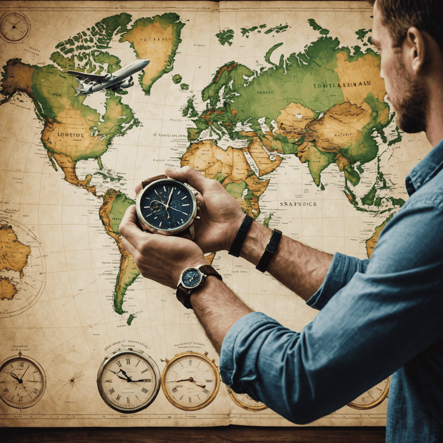 A world map with multiple time zones highlighted, and a plane flying across them. In the foreground, a traveler is adjusting their watch, symbolizing the challenge of adapting to new time zones.