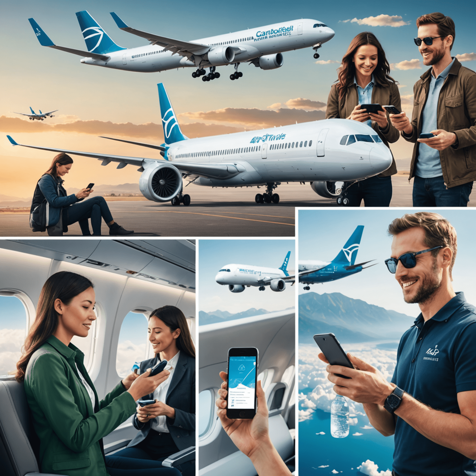 A collage showing eco-friendly air travel practices: a modern fuel-efficient airplane, passengers using reusable water bottles, and a carbon offset program interface on a smartphone