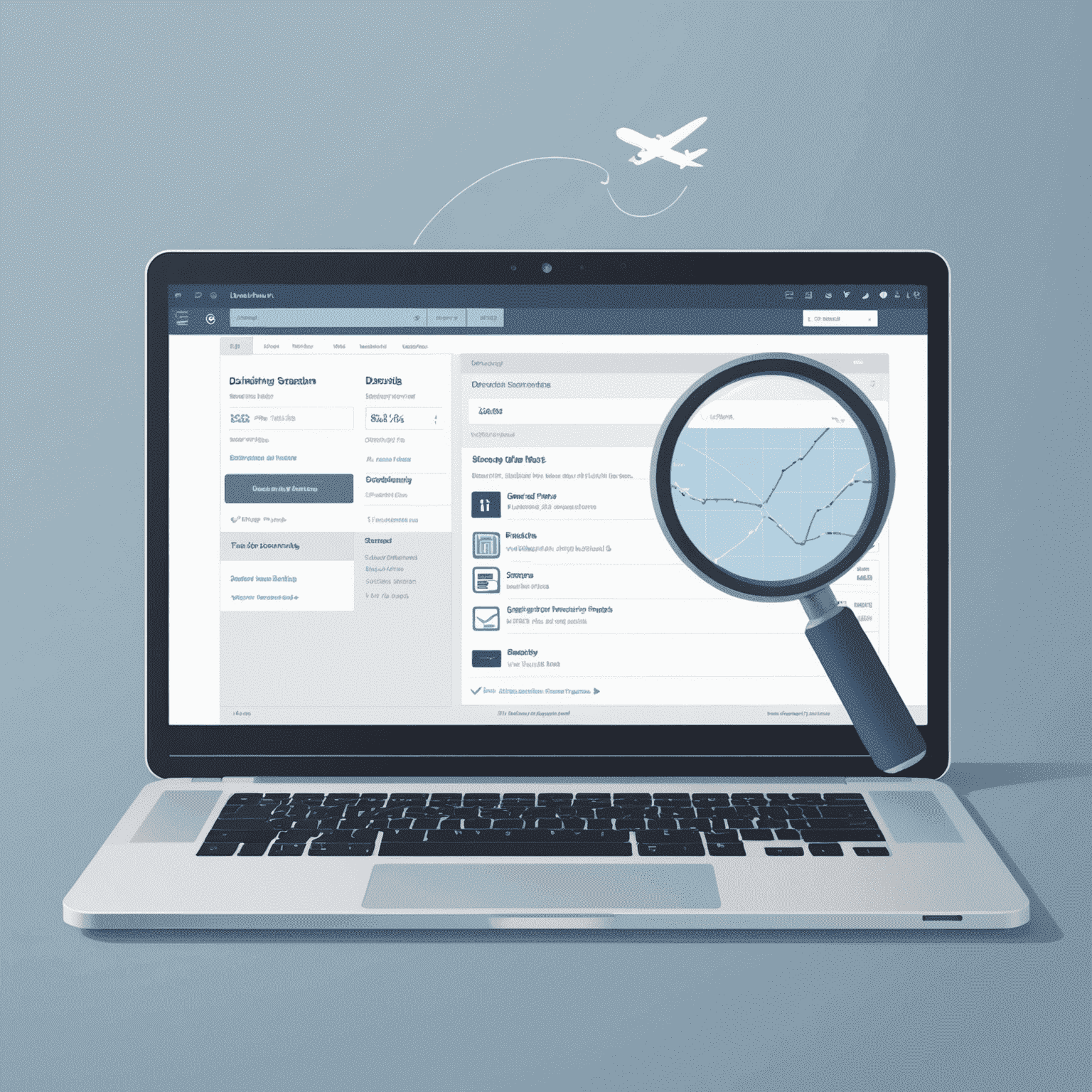 A minimalist illustration of a laptop screen showing flight search results, with a magnifying glass highlighting the best deals. The image uses a muted color palette with shades of blue and gray.