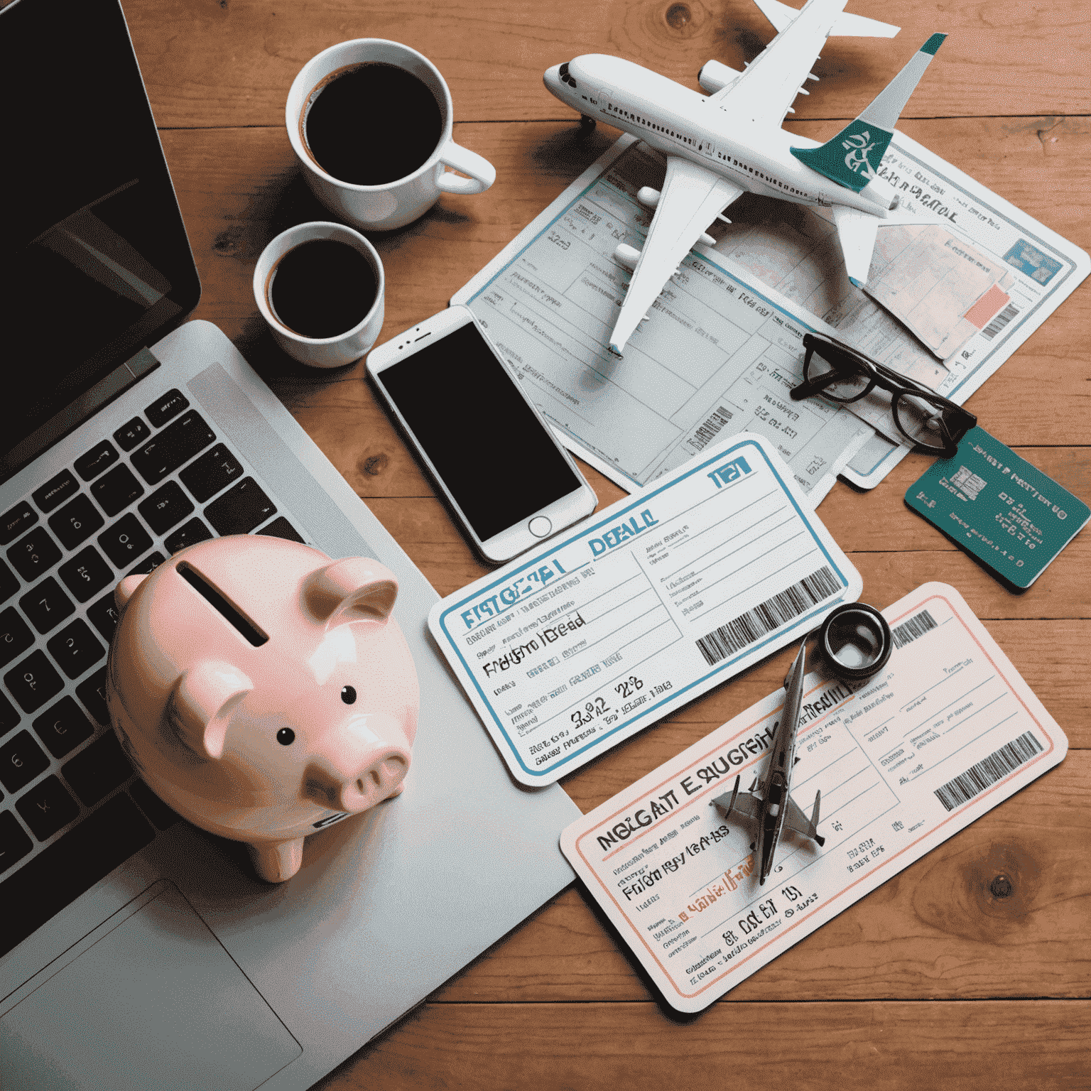 Collage of airplane tickets, laptop showing flight search results, and a piggy bank, representing flight deal hunting