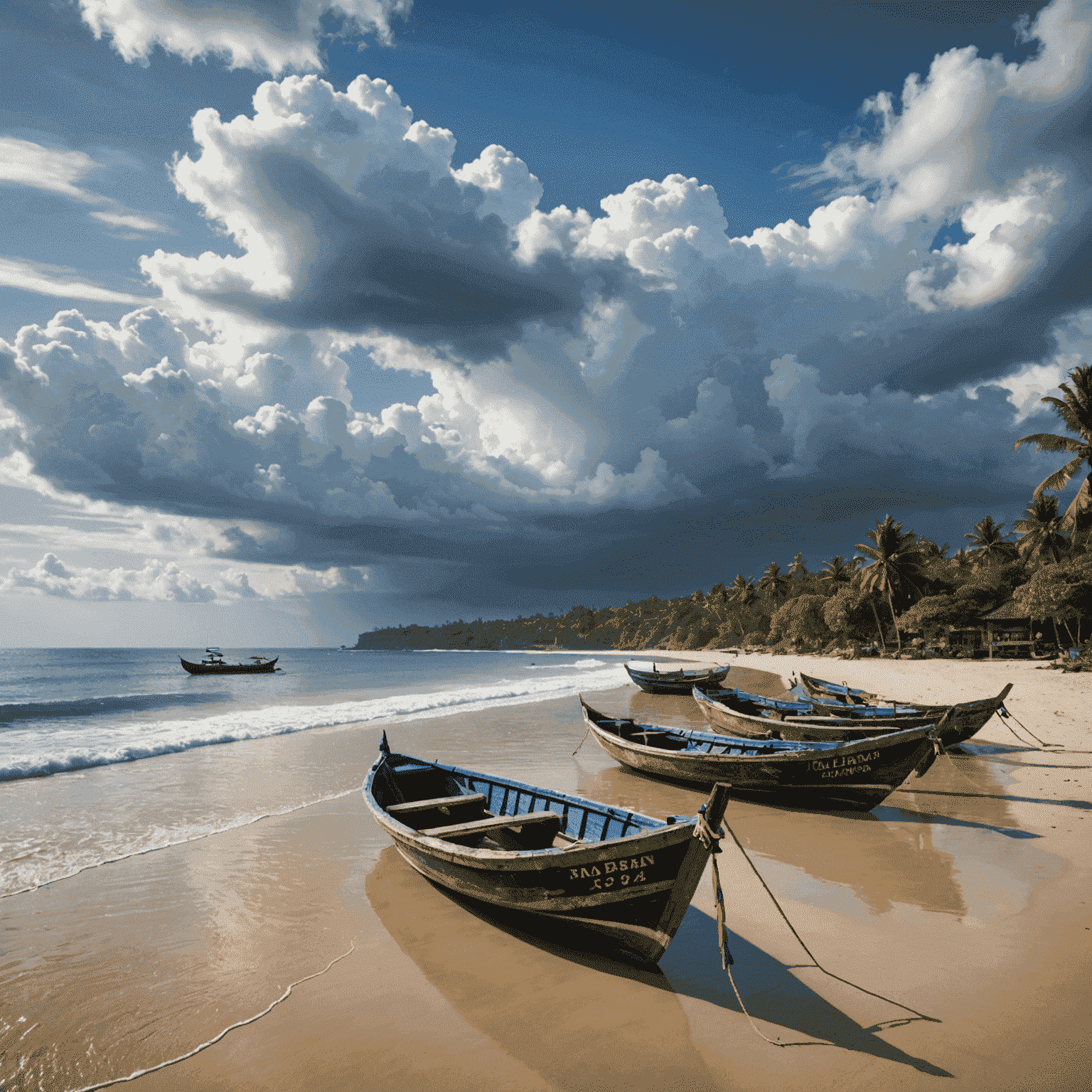 A serene Balinese beach with traditional fishing boats and a dramatic cloudy sky, showcasing the beauty of Bali during the off-season