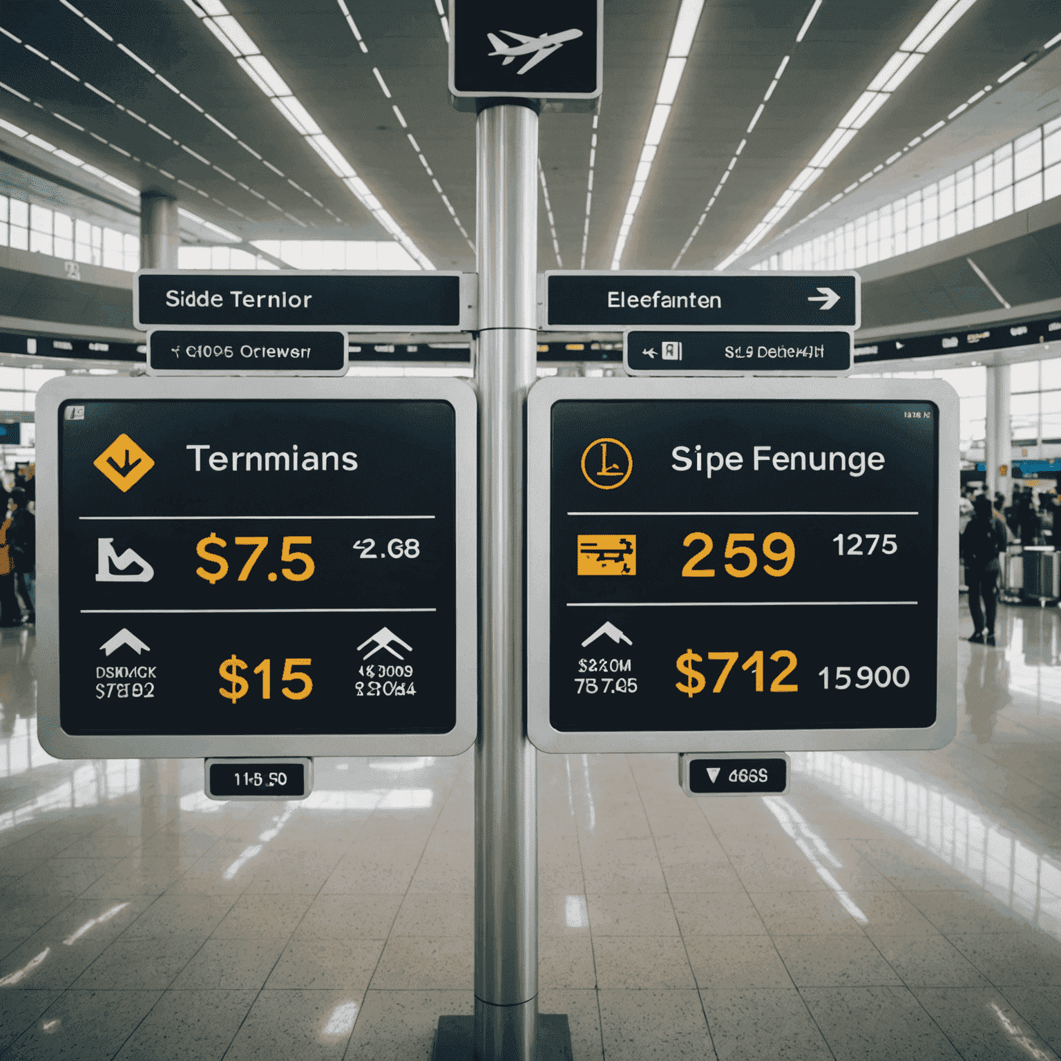 A split-screen image showing two airport terminals side by side, with price tags indicating different costs for similar flights