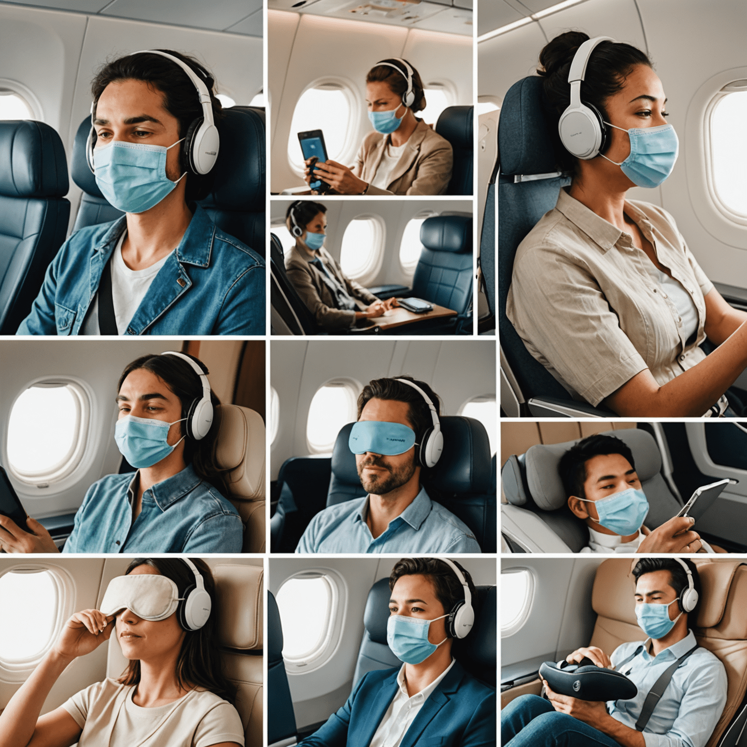 A collage of in-flight comfort items: noise-cancelling headphones, eye mask, neck pillow, and a passenger stretching in their seat