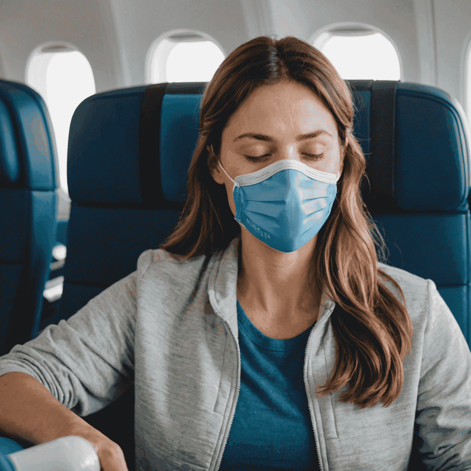 A person drinking water from a reusable bottle on an airplane, with a sleep mask and travel pillow visible nearby.