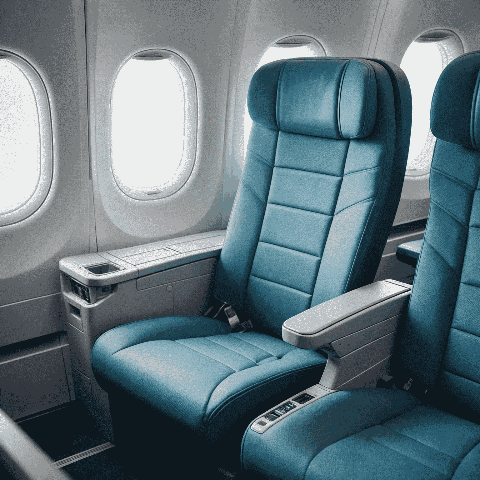 A clean, minimalist image of an airplane cabin interior, focusing on a comfortable seat with extra legroom, a travel pillow, and noise-canceling headphones. The image has a calming blue tint.