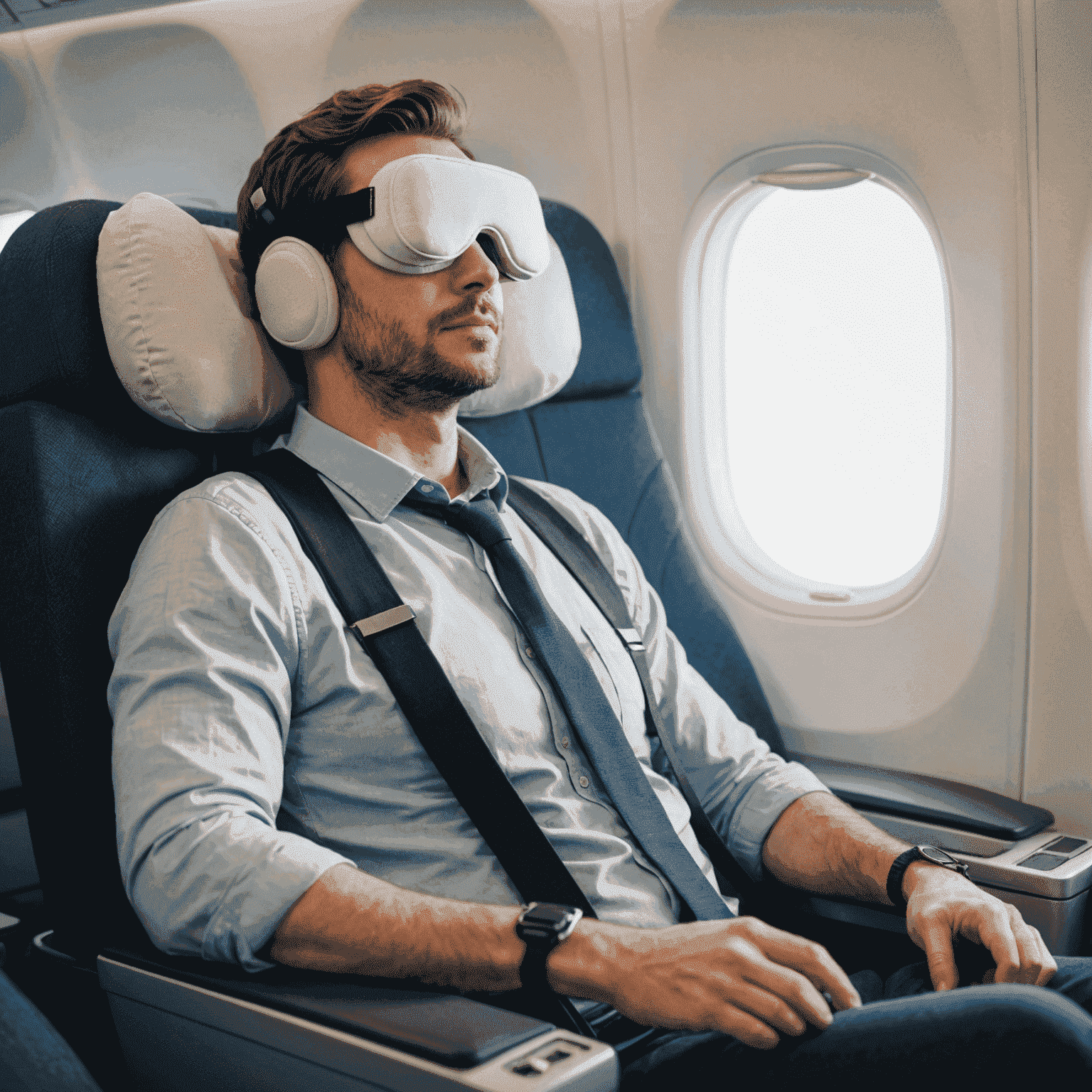 Passenger relaxing in a comfortable airplane seat with neck pillow, eye mask, and other travel essentials