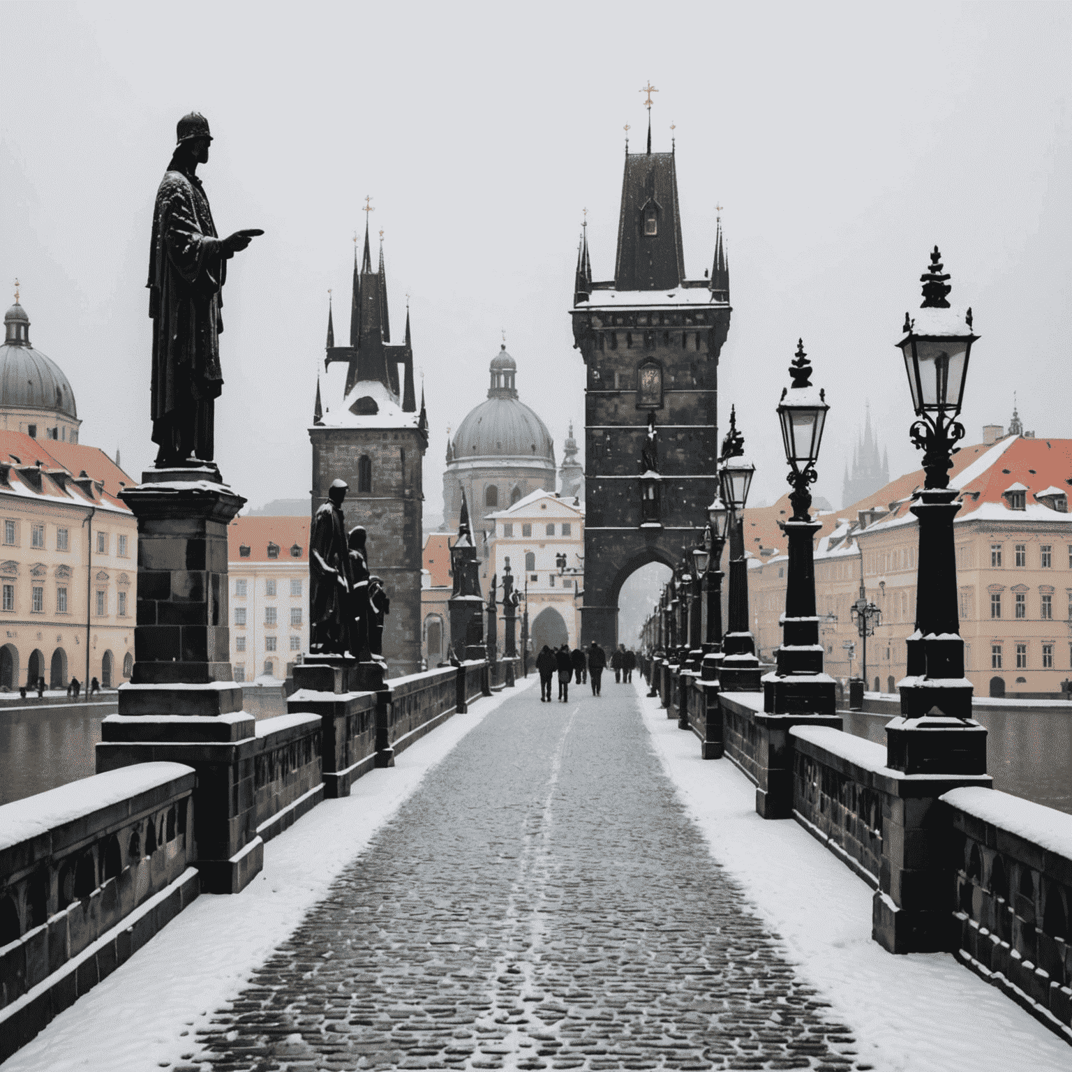 A snow-dusted Charles Bridge in Prague with fewer tourists, highlighting the city's winter charm during the off-season