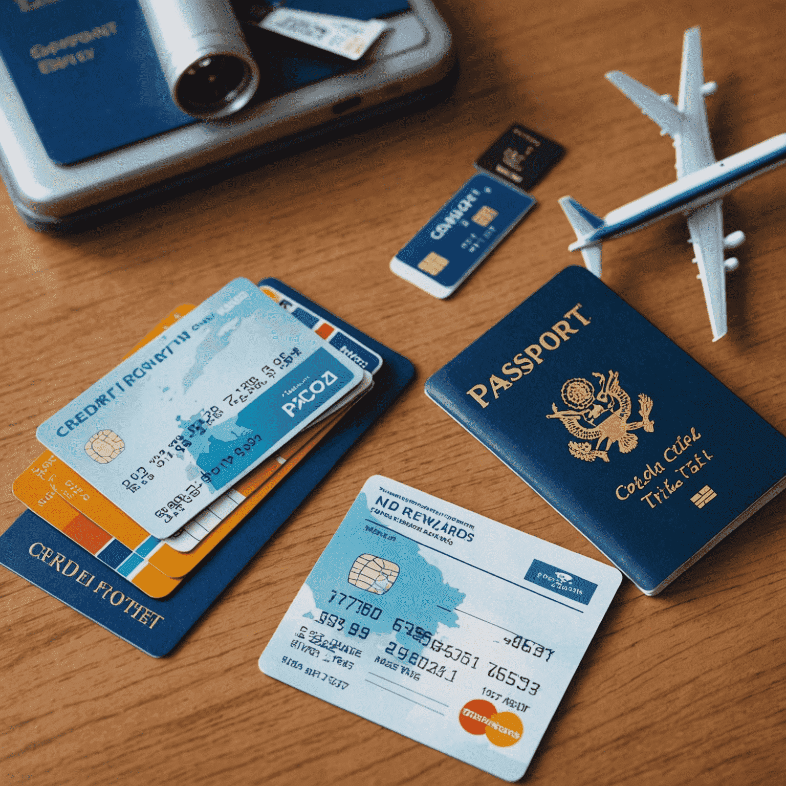 A collection of travel reward credit cards fanned out, with a passport and airplane ticket in the background