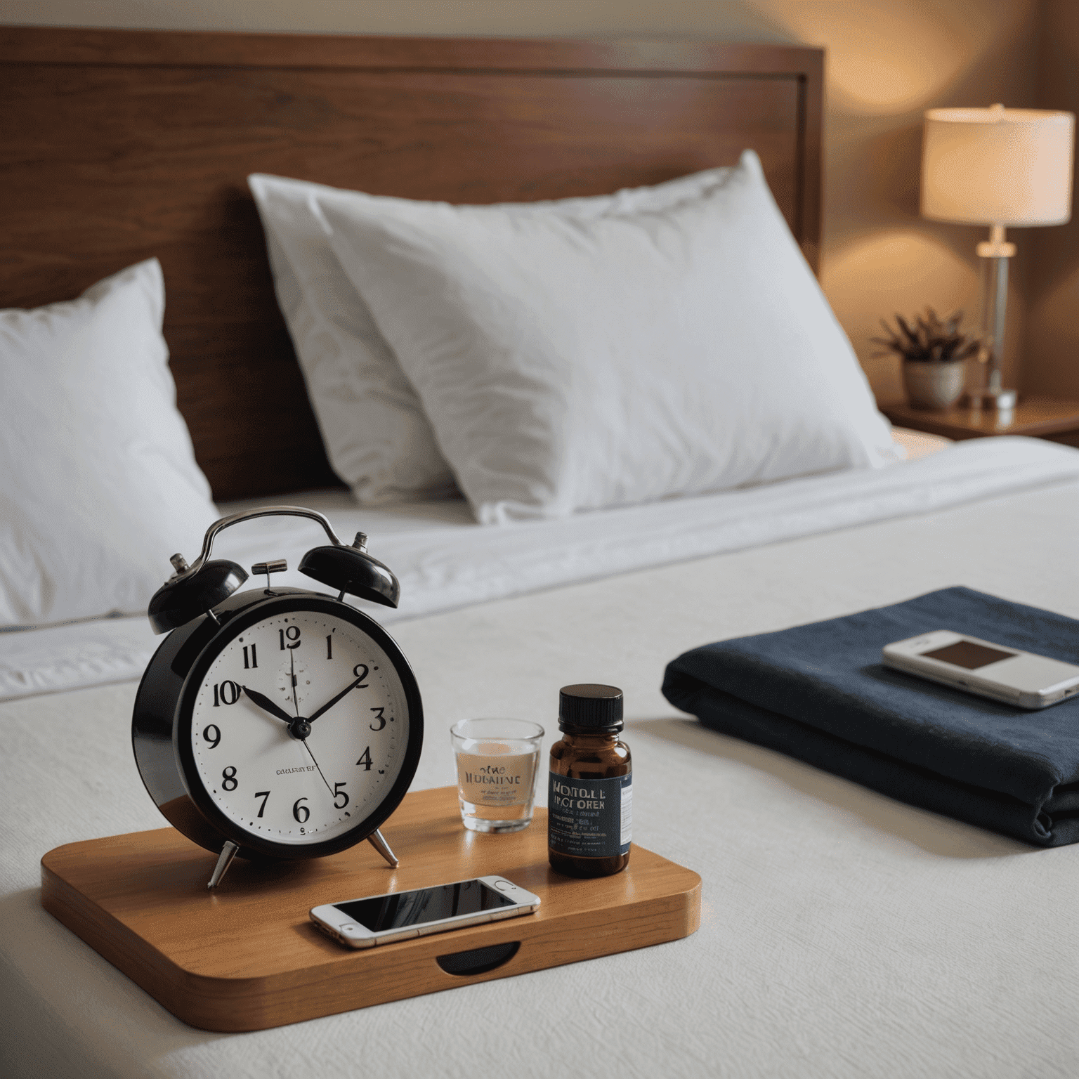 A bedside table in a hotel room with a melatonin bottle, an eye mask, and a digital alarm clock showing local time.