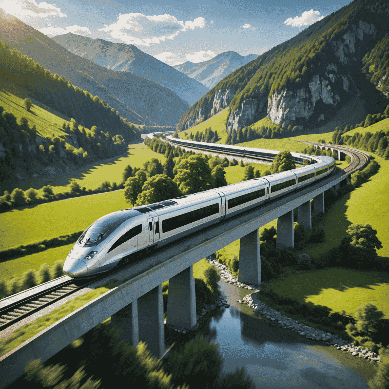 A modern high-speed train passing through a scenic landscape, representing an eco-friendly alternative to short-haul flights