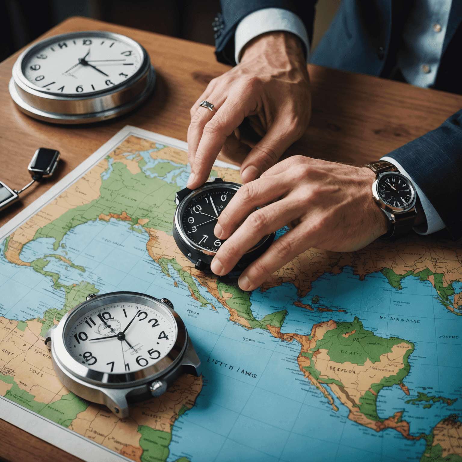 World map with time zones, alarm clock, and a person adjusting their watch, illustrating jet lag management