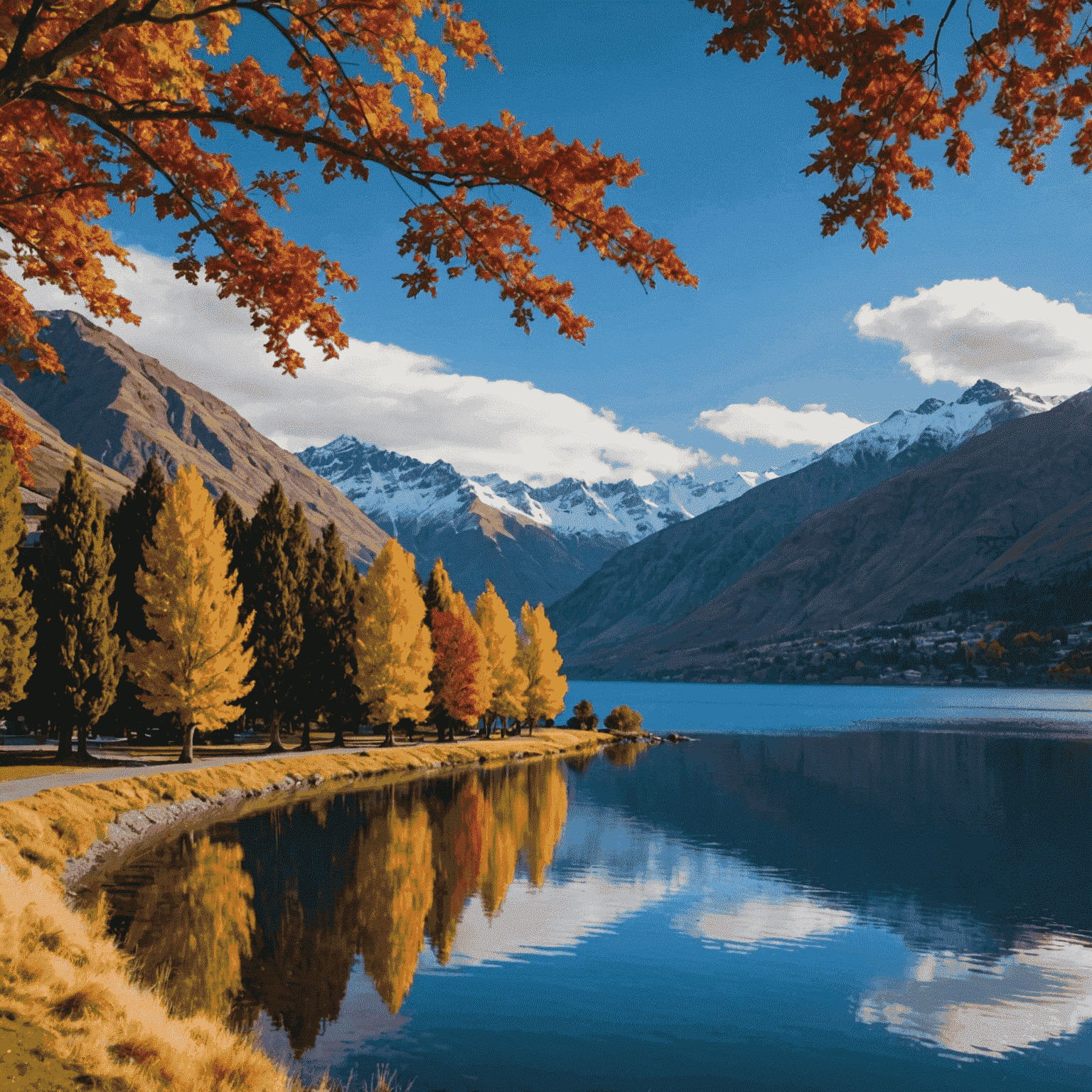 A picturesque autumn scene in Queenstown, New Zealand, with colorful foliage around Lake Wakatipu and snow-capped mountains in the background