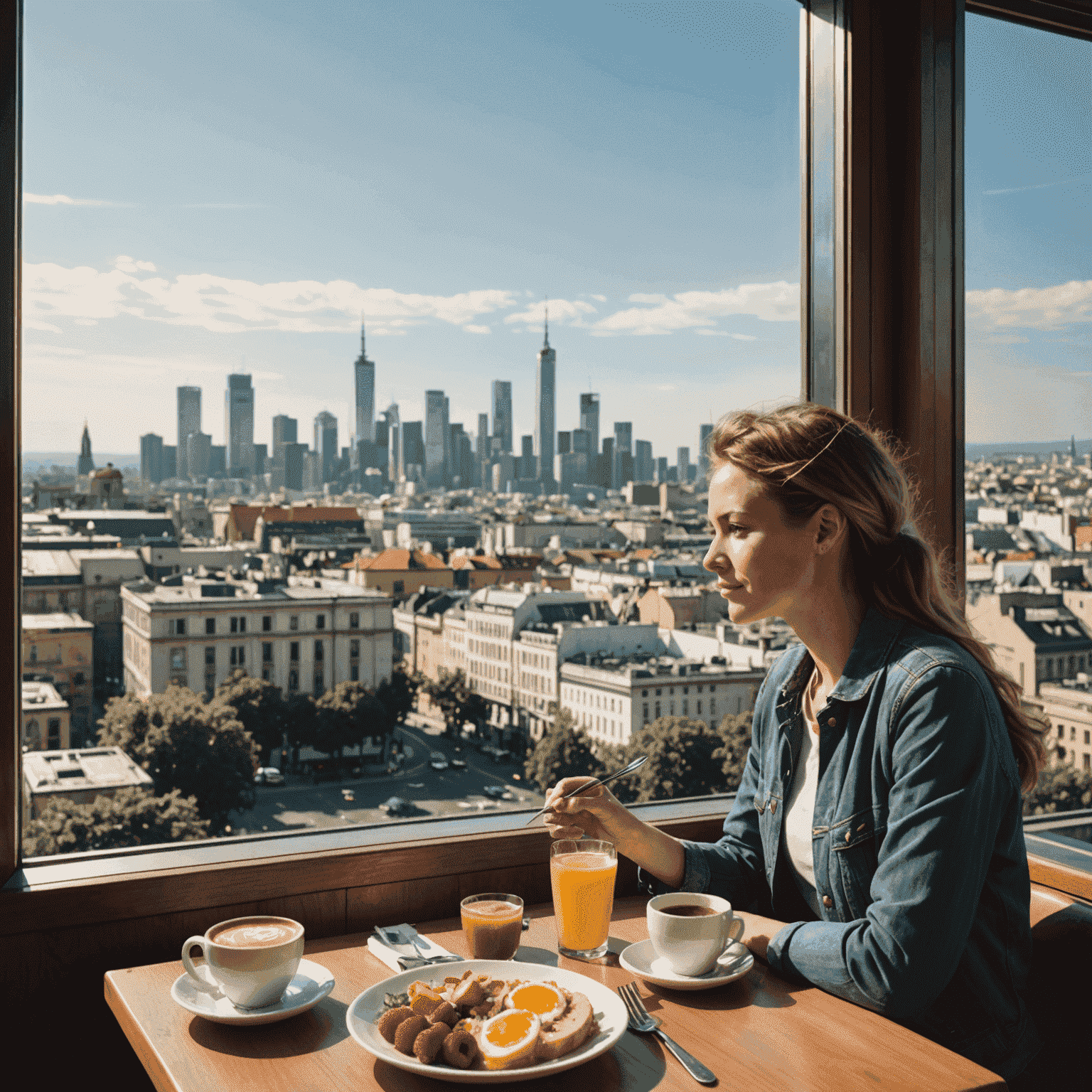 A traveler enjoying a healthy breakfast at a café, with a view of a foreign city skyline visible through the window, signifying adaptation to a new time zone.