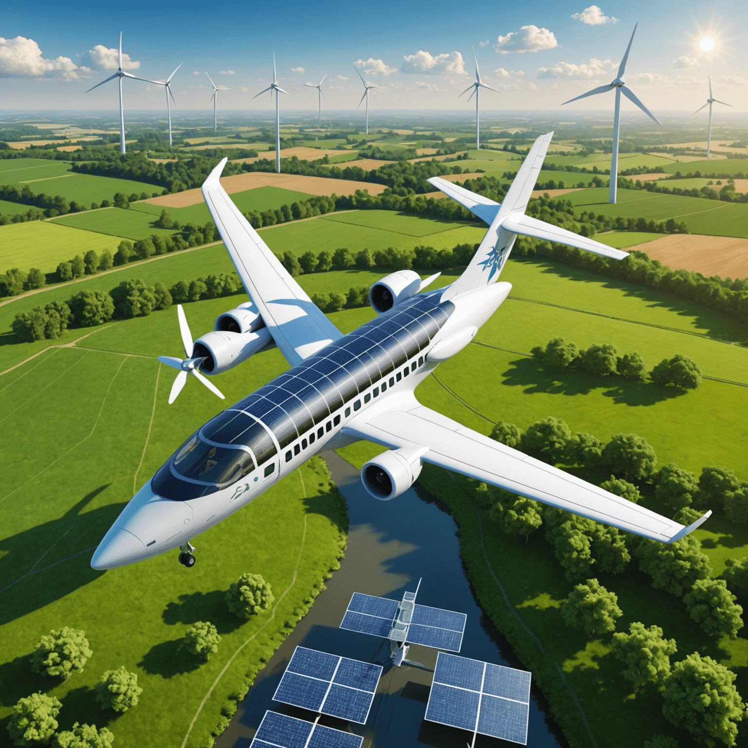 Eco-friendly airplane with solar panels and wind turbines, surrounded by green landscapes