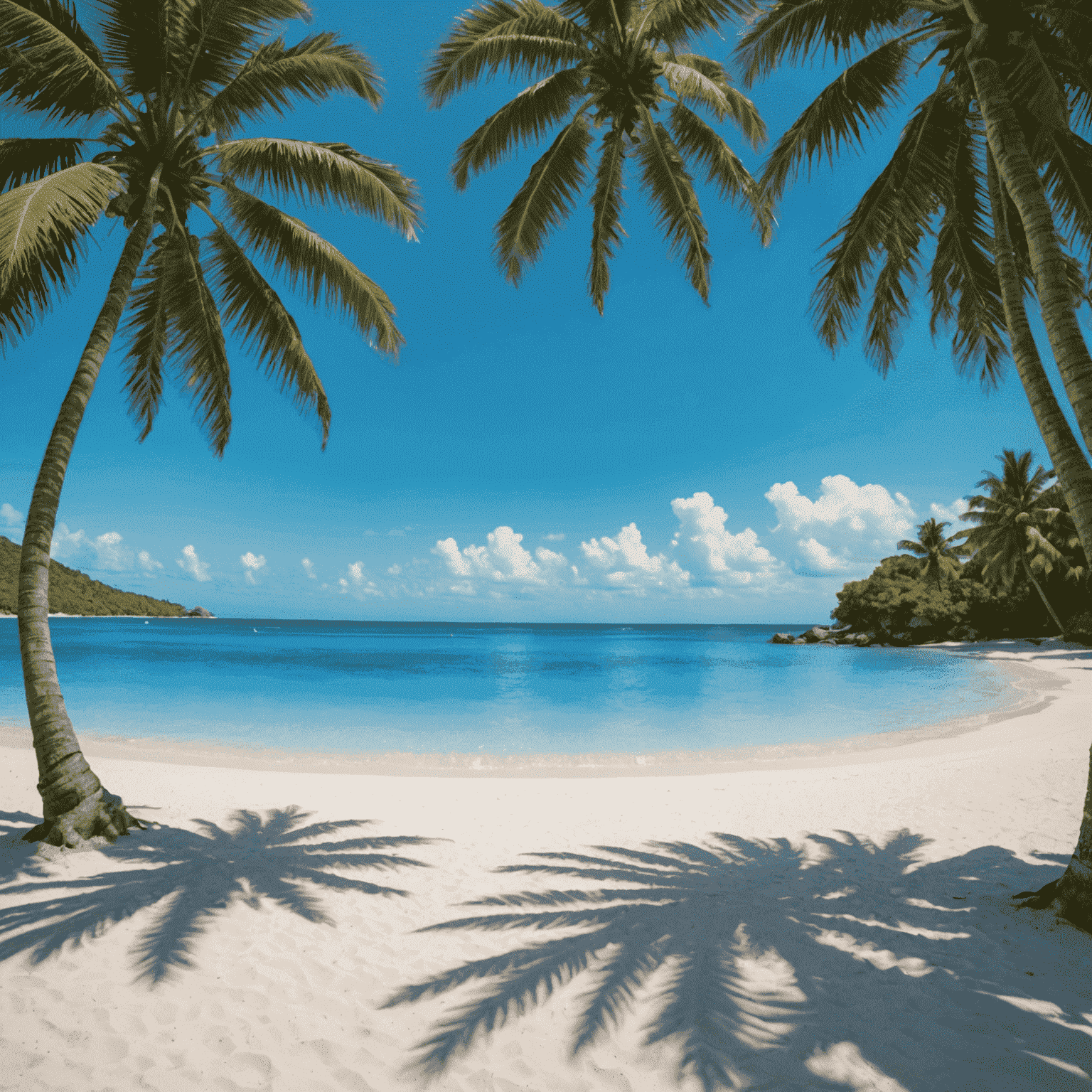 A pristine and nearly empty Caribbean beach with turquoise waters and palm trees, illustrating the tranquility of off-season travel