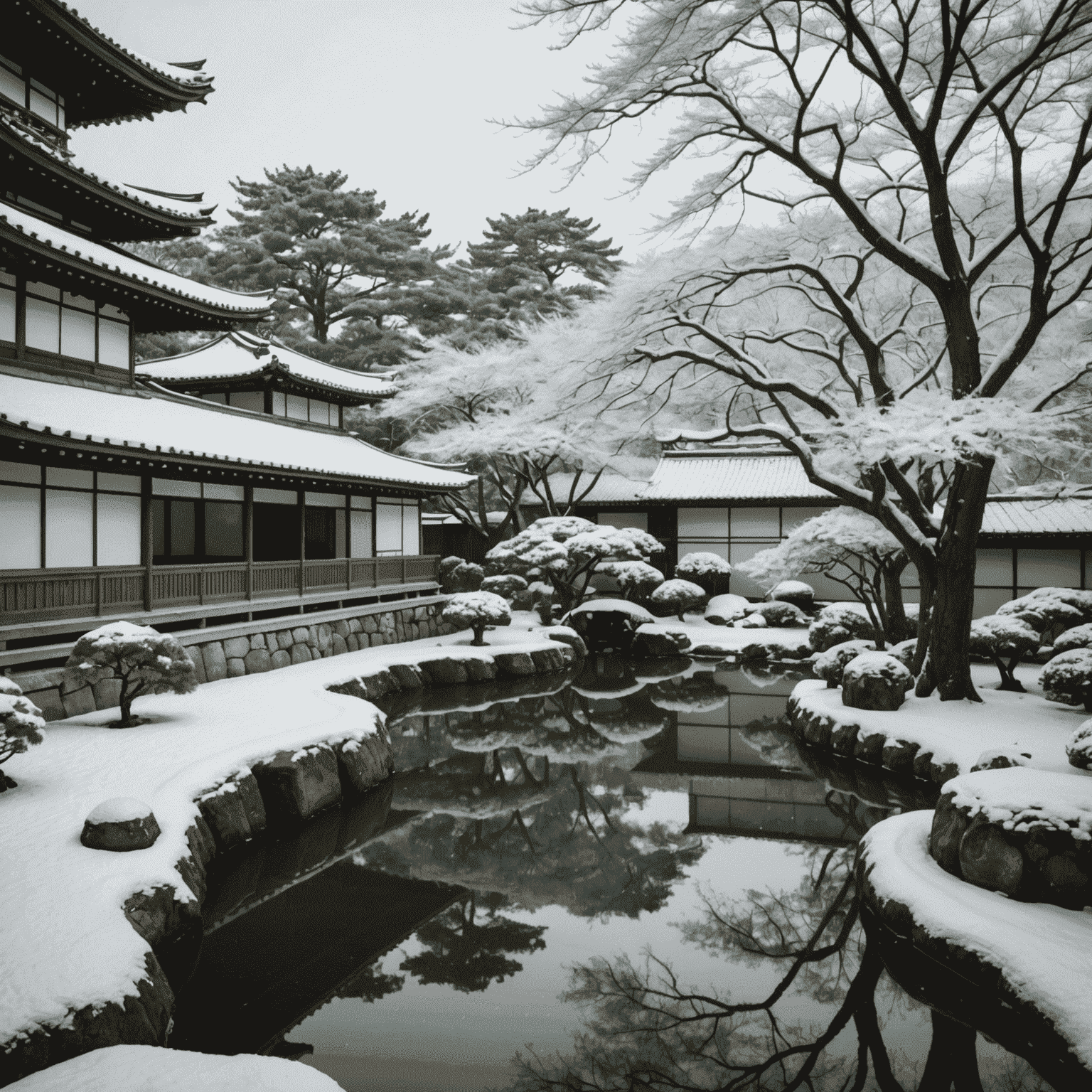 A peaceful scene of a traditional Japanese garden in Kyoto covered in a light layer of snow, showcasing the city's winter beauty